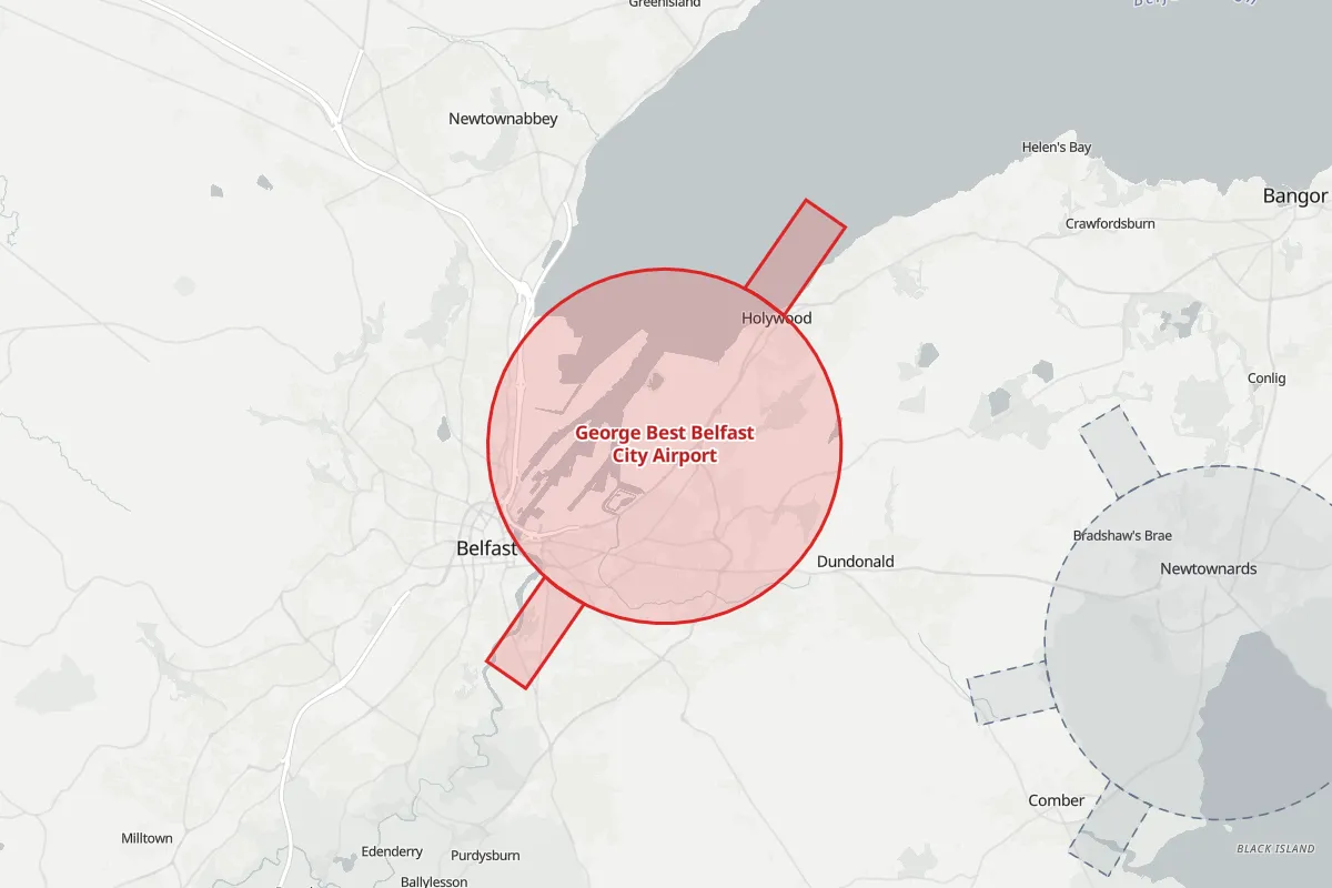 Map of the Flight Restriction Zone around George Best Belfast City Airport and neighbouring aerodrome zones