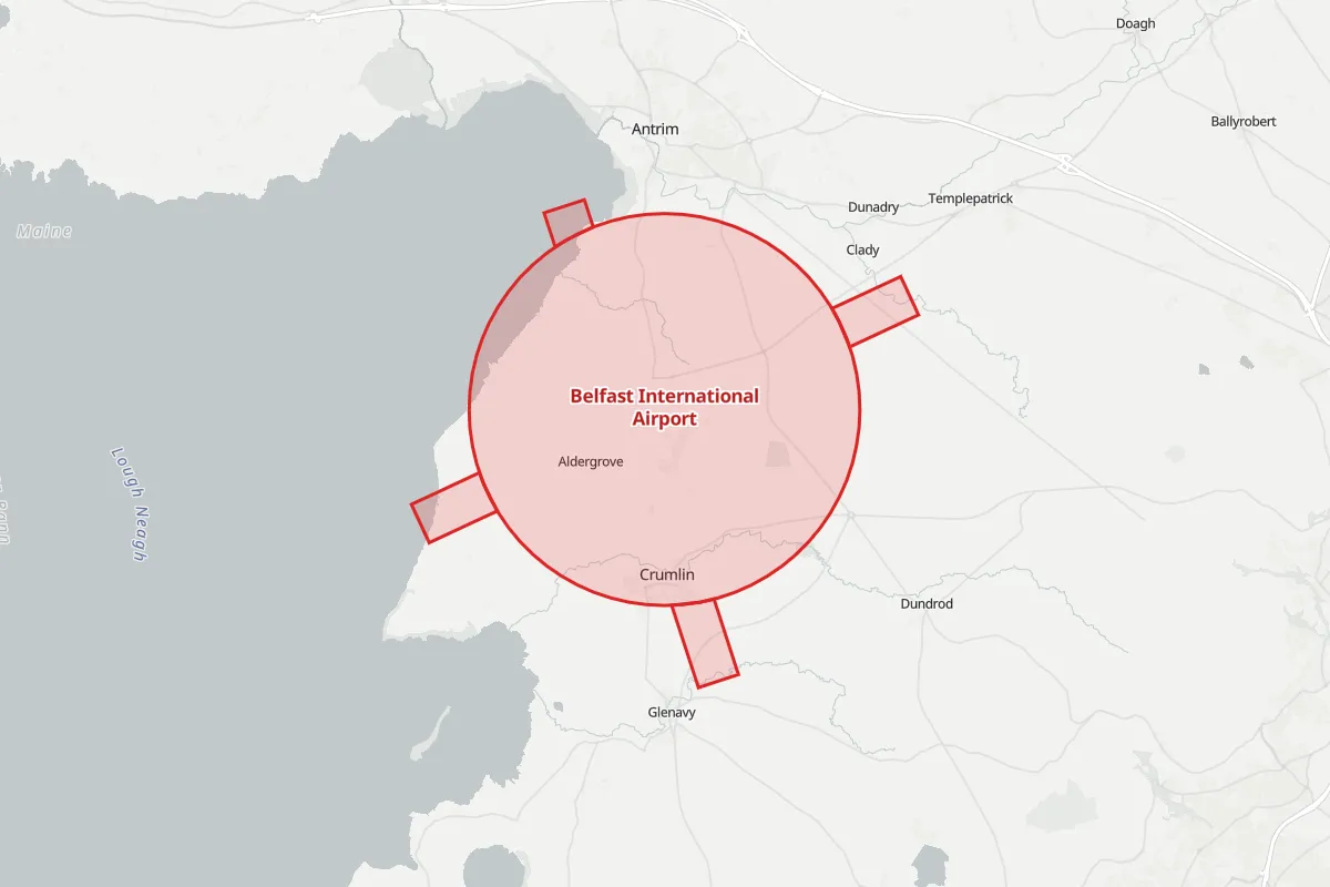 Map of the Flight Restriction Zone around Belfast International Airport and neighbouring aerodrome zones