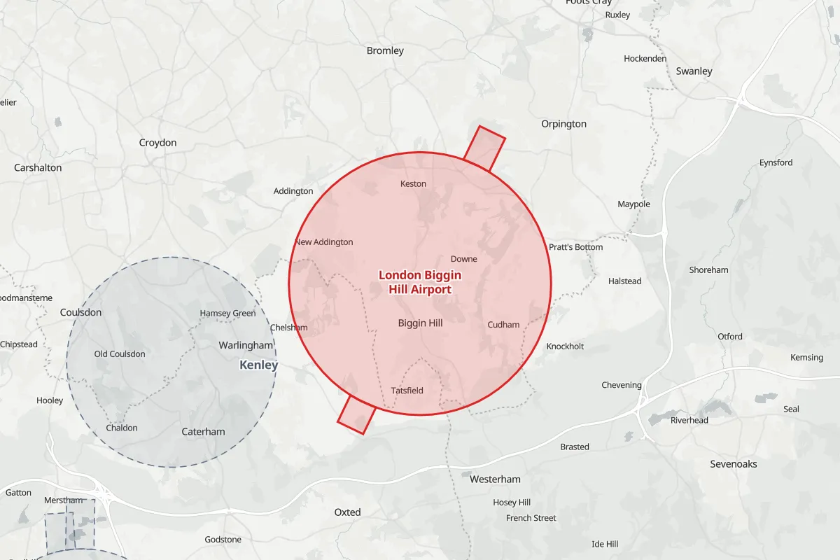 Map of the Flight Restriction Zone around London Biggin Hill Airport and neighbouring aerodrome zones