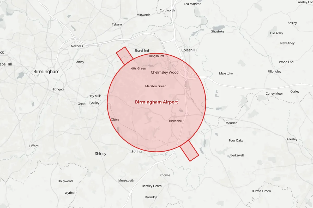 Map of the Flight Restriction Zone around Birmingham Airport