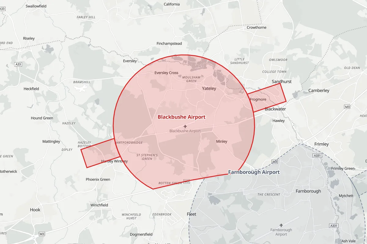 Map of the Flight Restriction Zone around Blackbushe Airport and neighbouring aerodrome zones