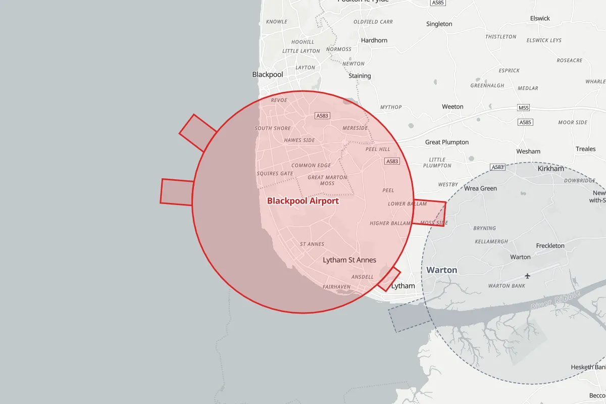 Map of the Flight Restriction Zone around Blackpool Airport and neighbouring aerodrome zones