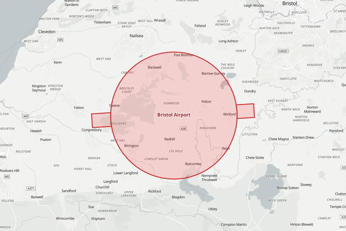 Map of the Flight Restriction Zone around Bristol Airport