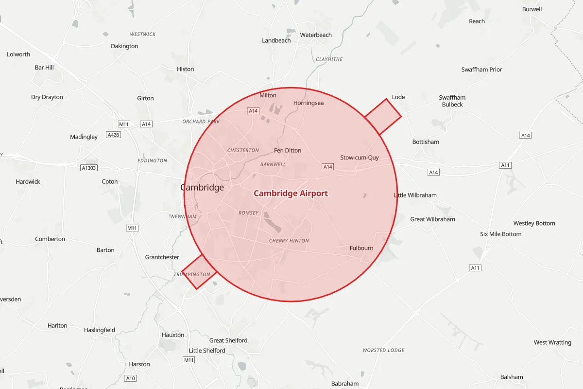 Map of the Flight Restriction Zone around Cambridge Airport and neighbouring aerodrome zones
