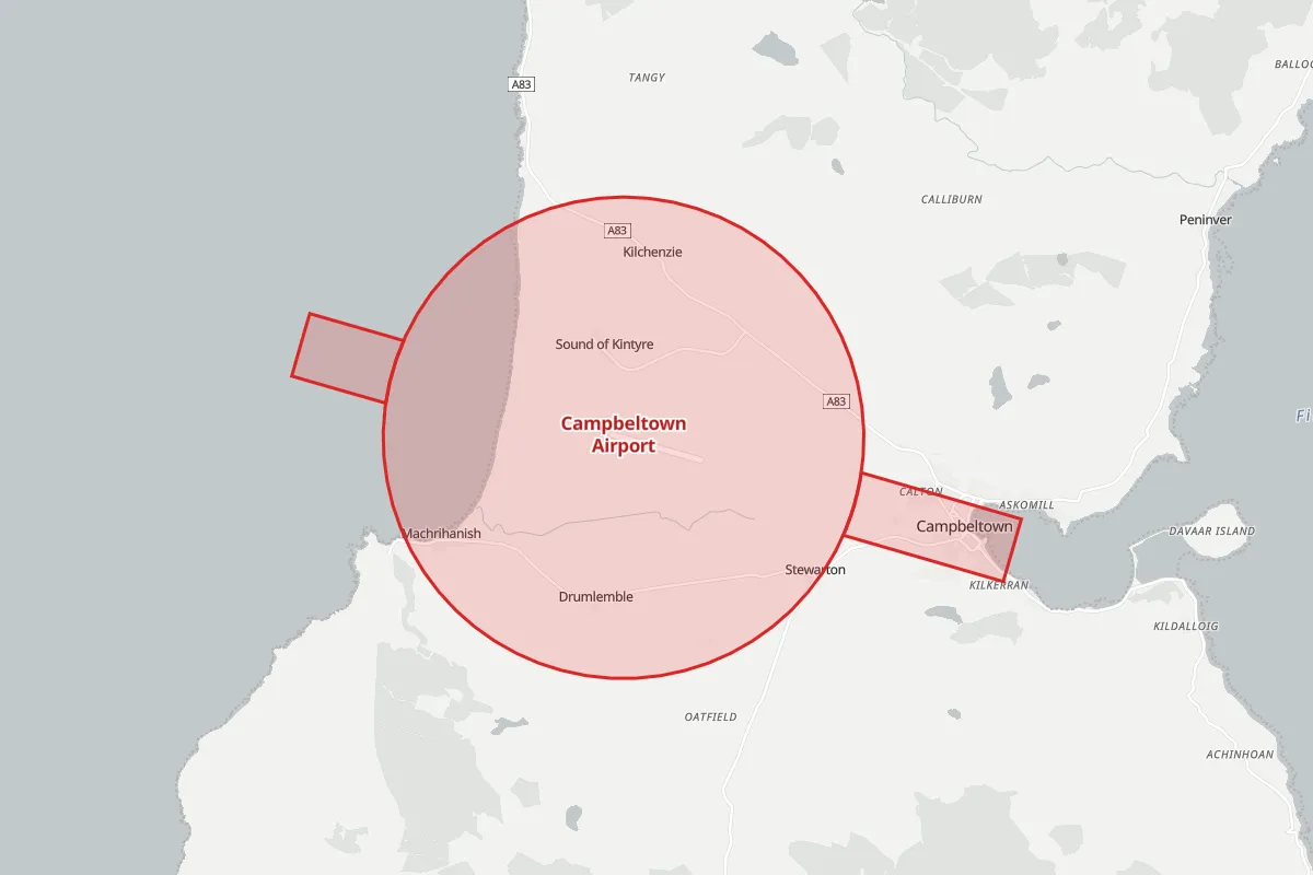 Map of the Flight Restriction Zone around Campbeltown Airport