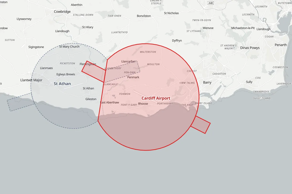 Map of the Flight Restriction Zone around Cardiff Airport and neighbouring aerodrome zones