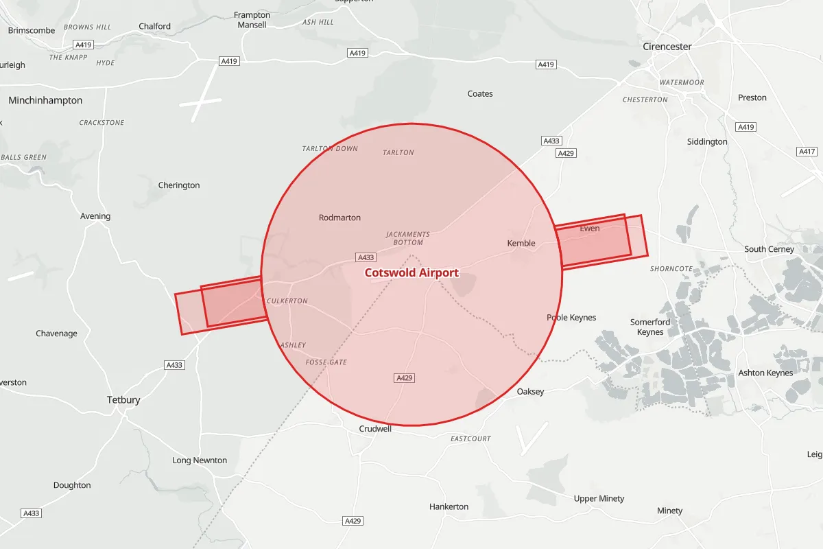 Map of the Flight Restriction Zone around Cotswold Airport and neighbouring aerodrome zones