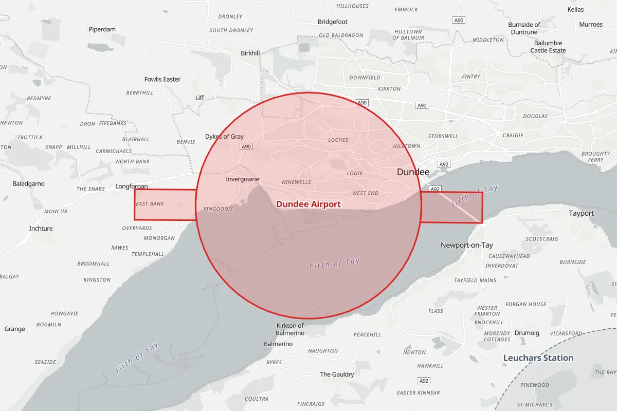 Map of the Flight Restriction Zone around Dundee Airport and neighbouring aerodrome zones