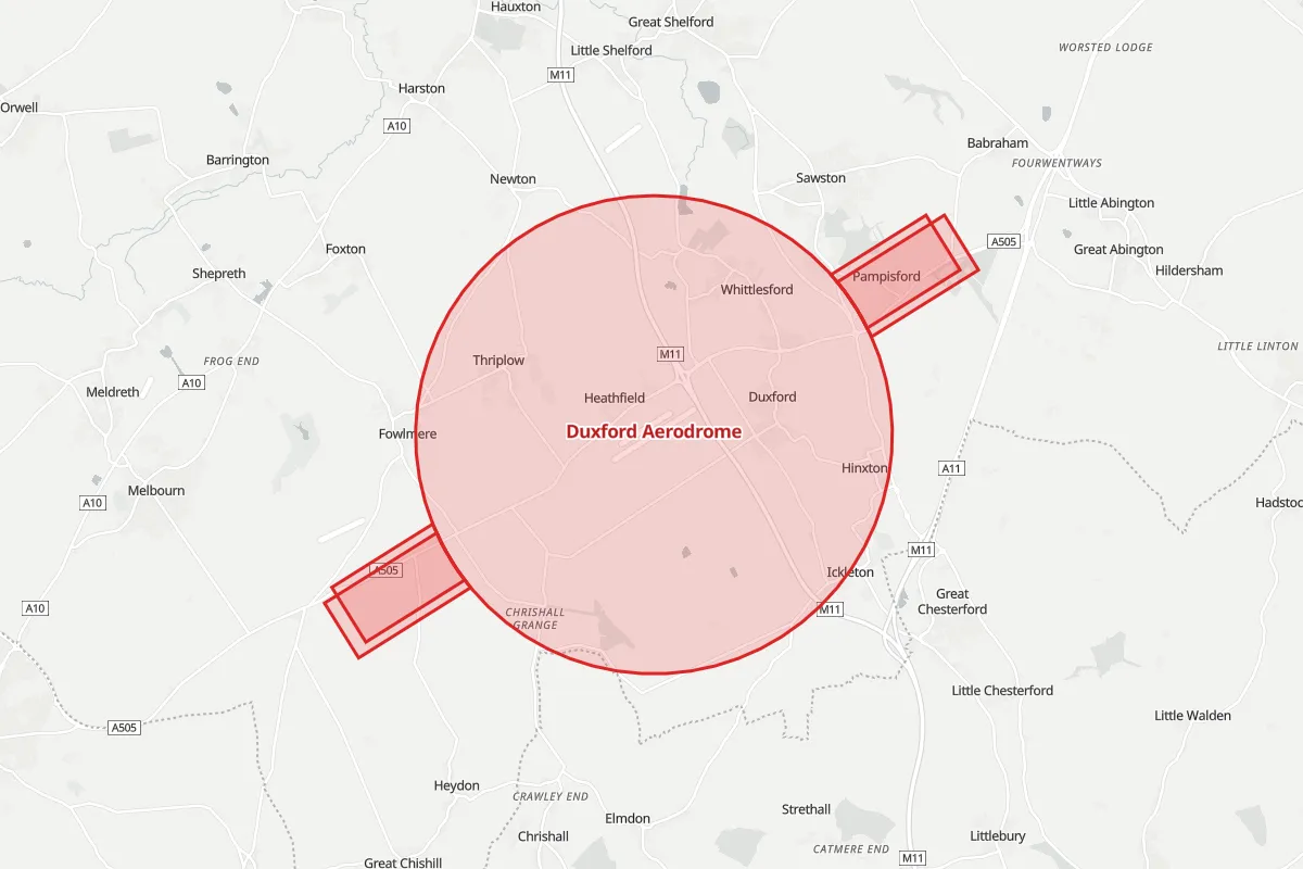 Map of the Flight Restriction Zone around Duxford Aerodrome and neighbouring aerodrome zones