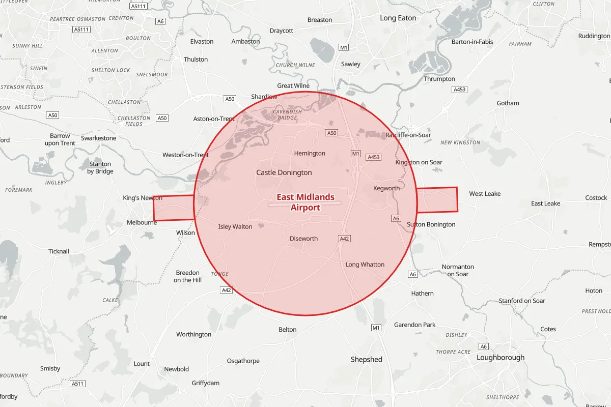 Map of the Flight Restriction Zone around East Midlands Airport