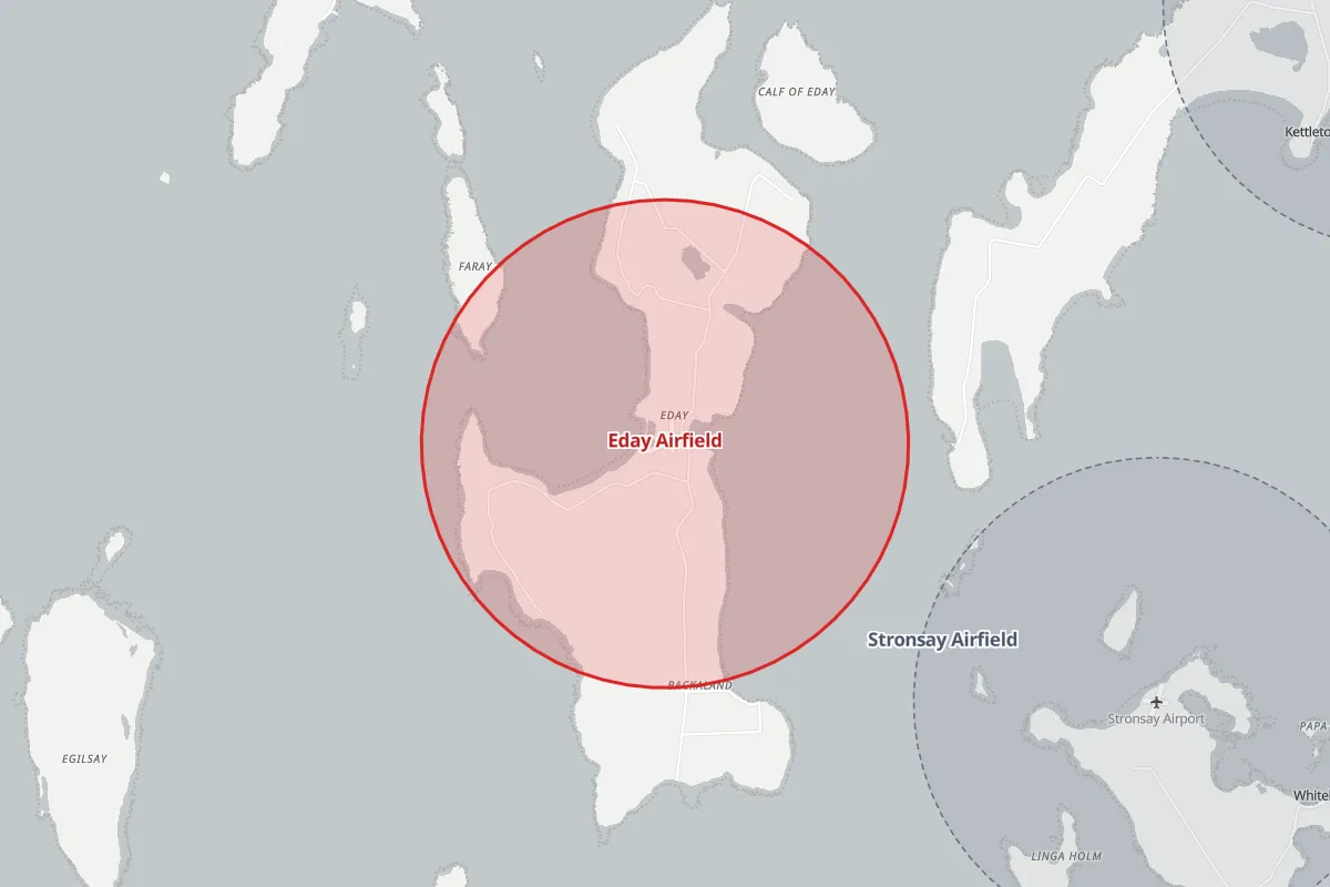 Map of the Flight Restriction Zone around Eday Airfield and neighbouring aerodrome zones