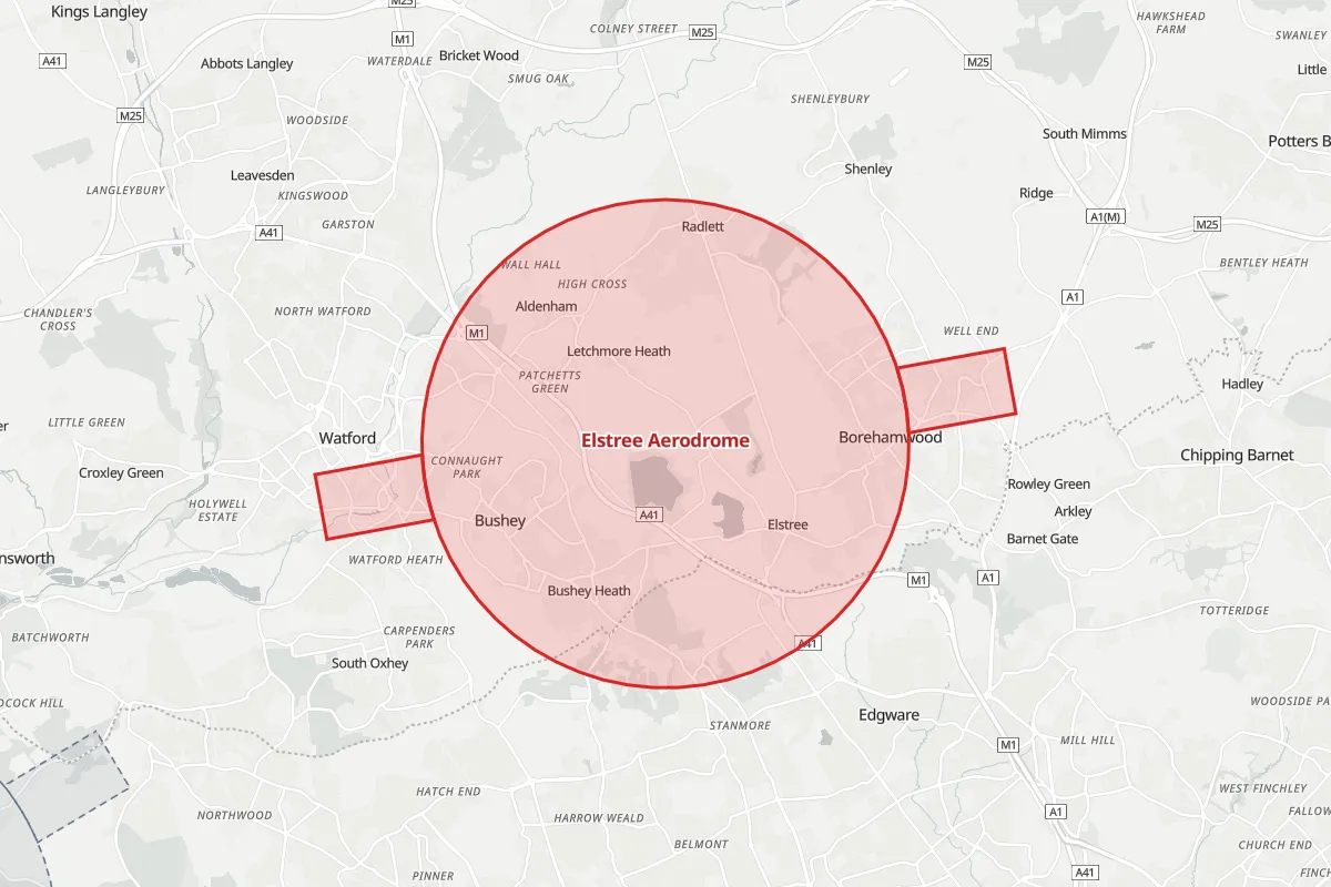 Map of the Flight Restriction Zone around Elstree Aerodrome and neighbouring aerodrome zones
