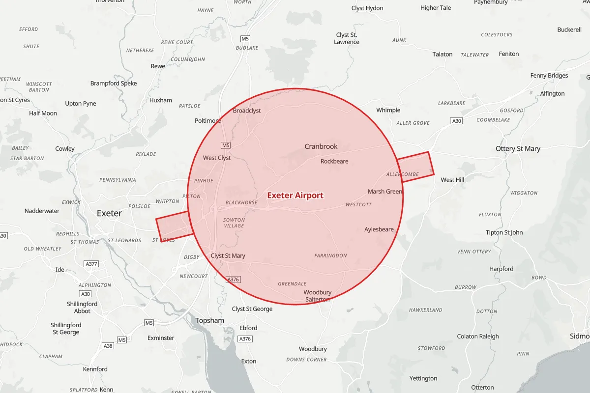 Map of the Flight Restriction Zone around Exeter Airport