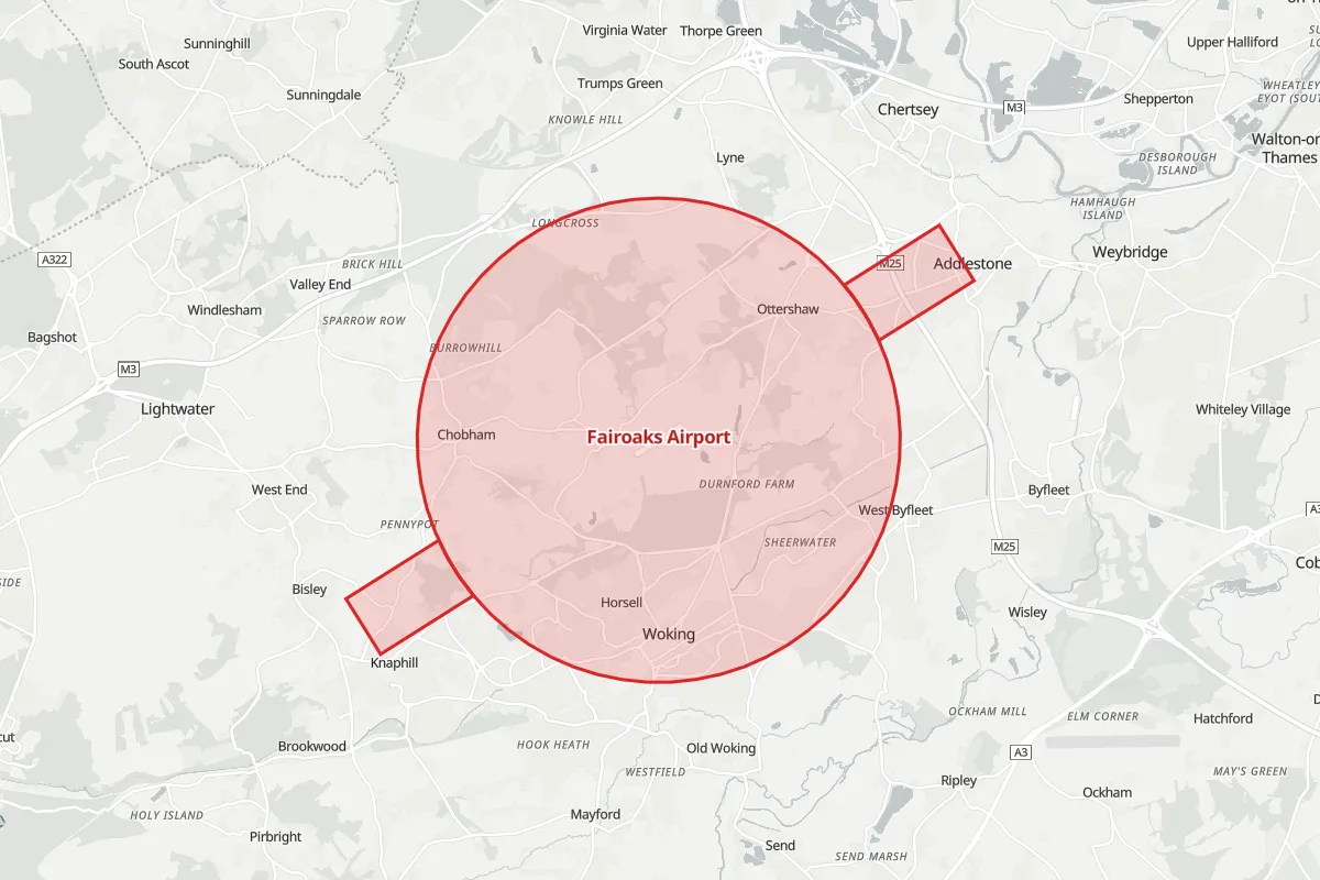 Map of the Flight Restriction Zone around Fairoaks Airport and neighbouring aerodrome zones