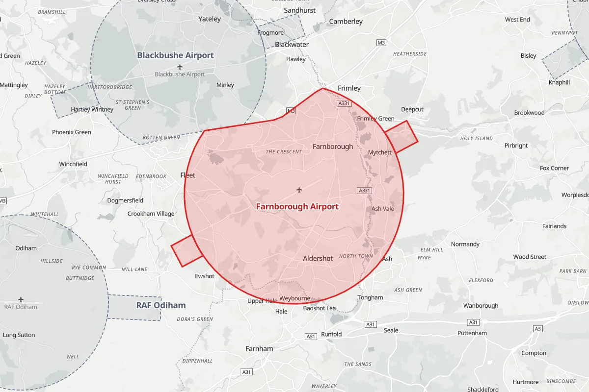 Map of the Flight Restriction Zone around Farnborough Airport and neighbouring aerodrome zones