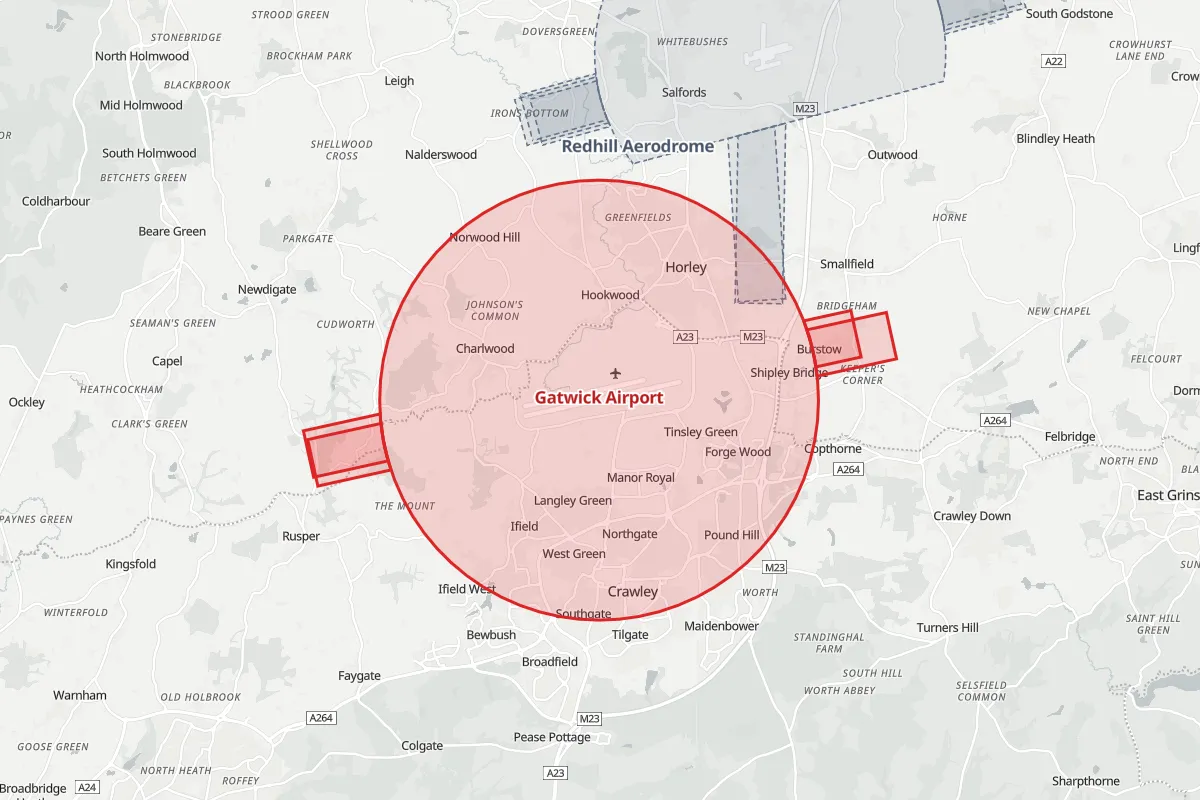 Map of the Flight Restriction Zone around Gatwick Airport and neighbouring aerodrome zones