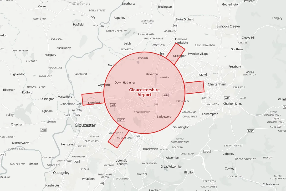 Map of the Flight Restriction Zone around Gloucestershire Airport and neighbouring aerodrome zones