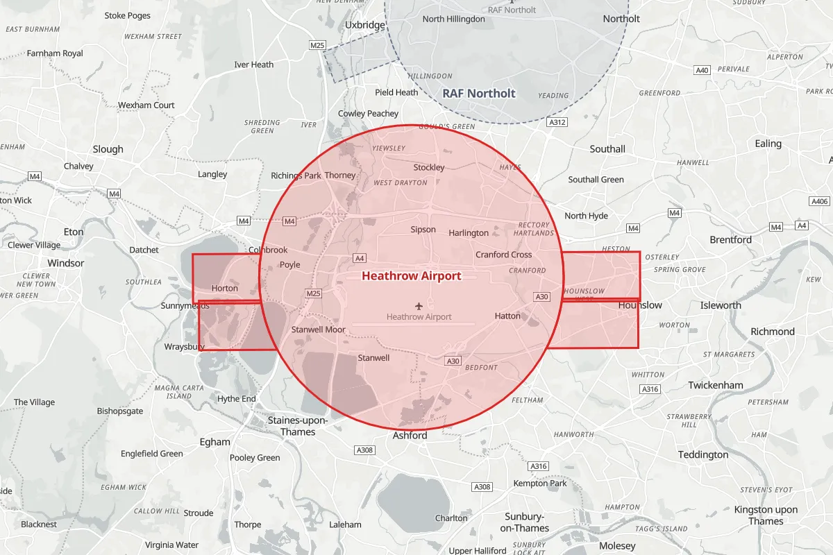 Map of the Flight Restriction Zone around Heathrow Airport and neighbouring aerodrome zones