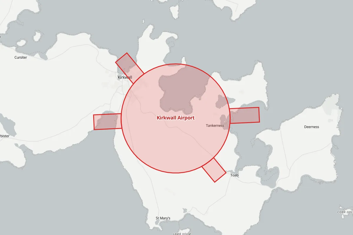 Map of the Flight Restriction Zone around Kirkwall Airport and neighbouring aerodrome zones