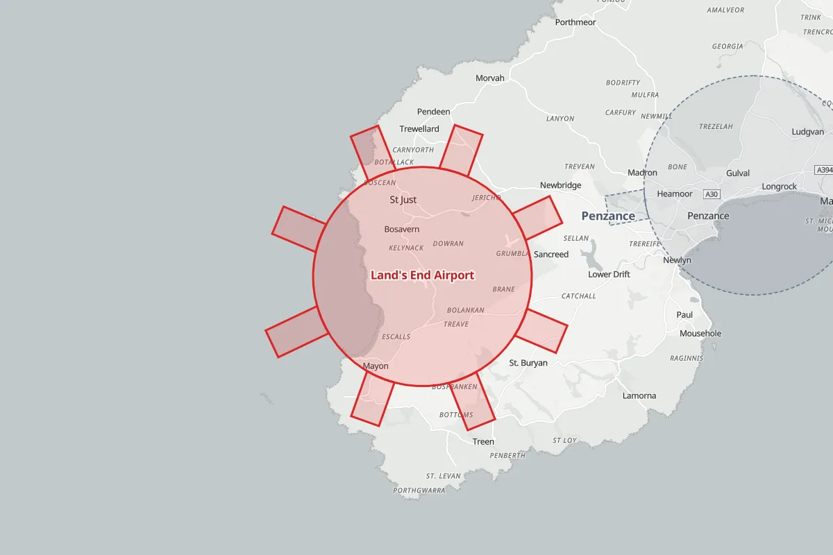 Map of the Flight Restriction Zone around Land's End Airport