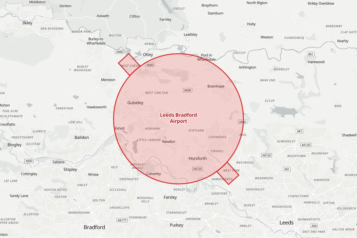 Map of the Flight Restriction Zone around Leeds Bradford Airport and neighbouring aerodrome zones