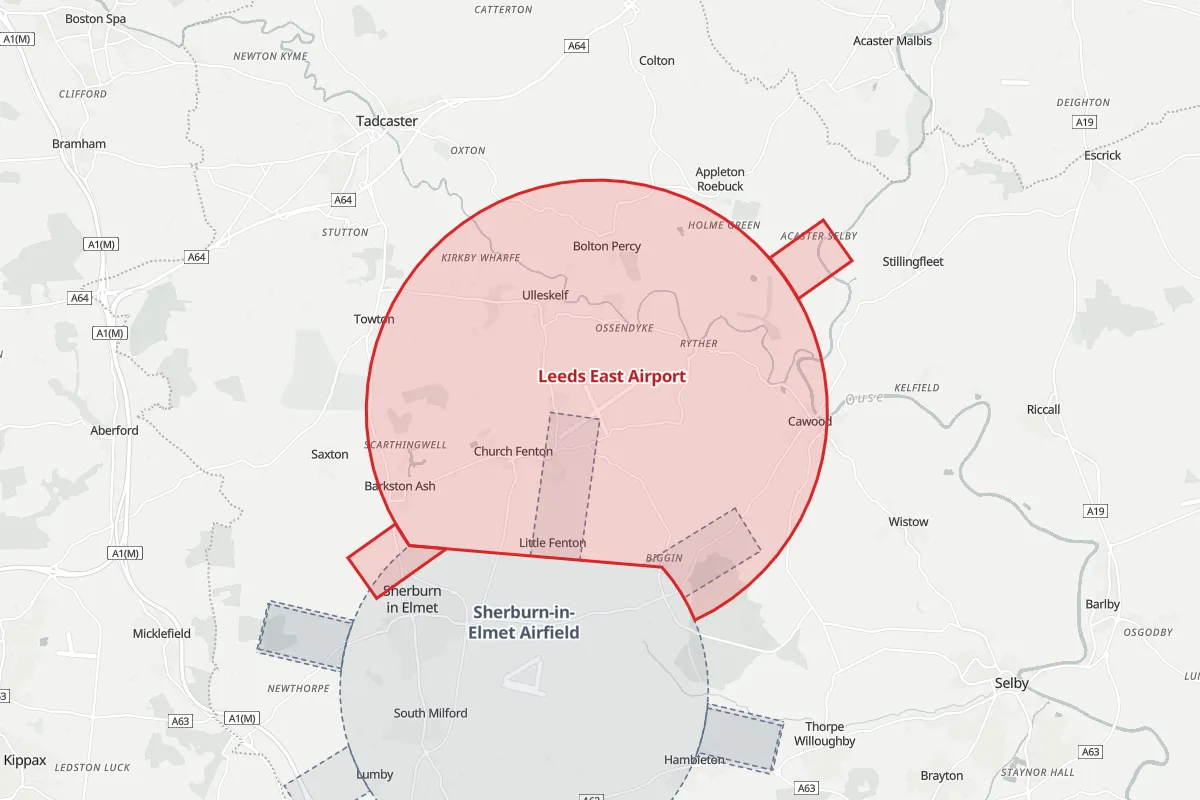 Map of the Flight Restriction Zone around Leeds East Airport and neighbouring aerodrome zones