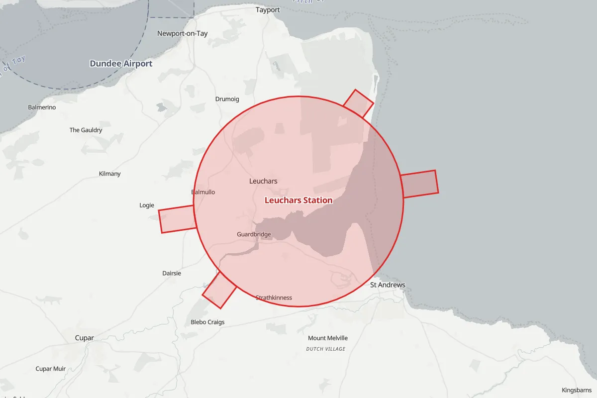 Map of the Flight Restriction Zone around Leuchars Station and neighbouring aerodrome zones
