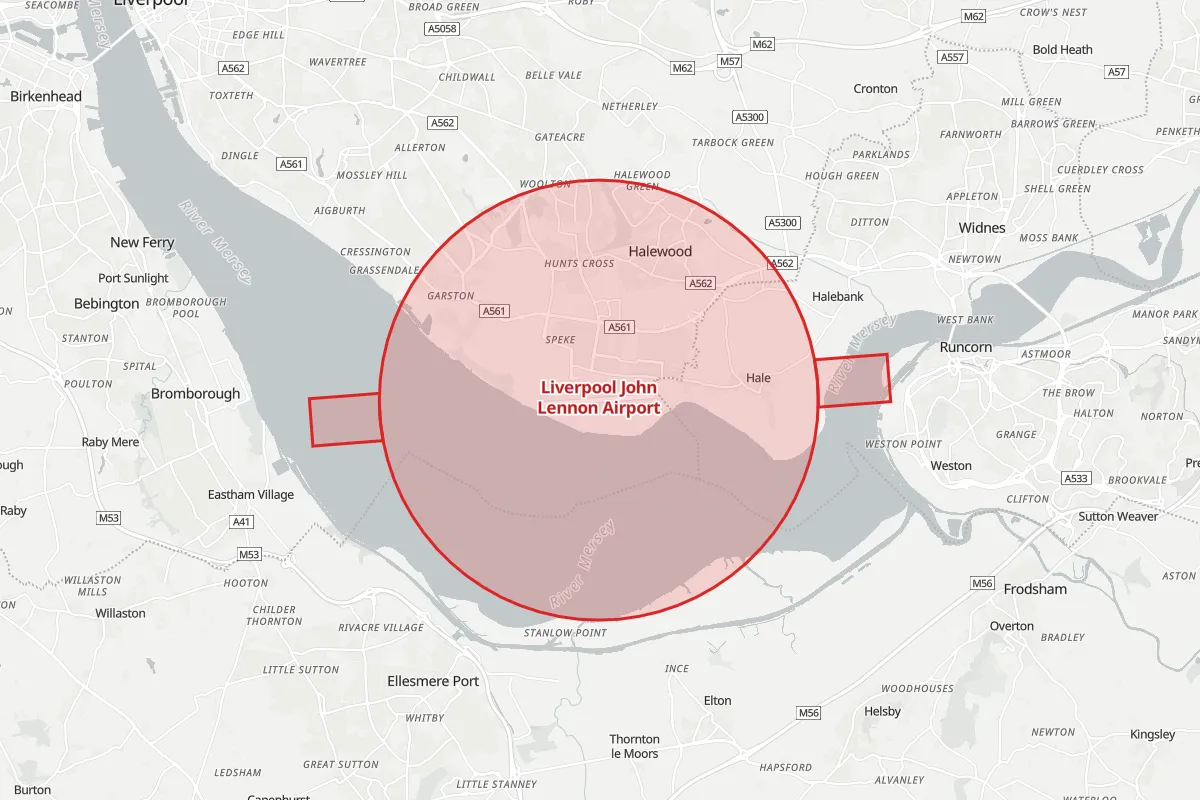 Map of the Flight Restriction Zone around Liverpool John Lennon Airport and neighbouring aerodrome zones