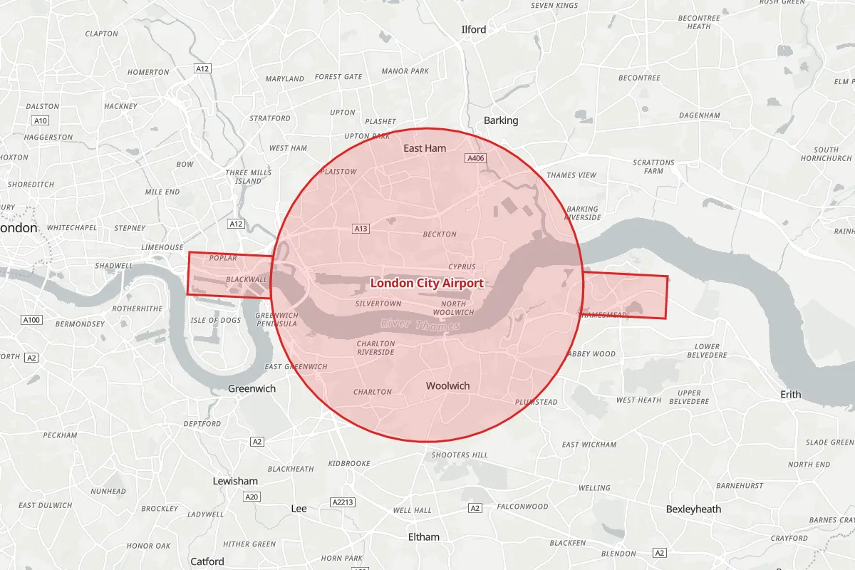 Map of the Flight Restriction Zone around London City Airport and neighbouring aerodrome zones