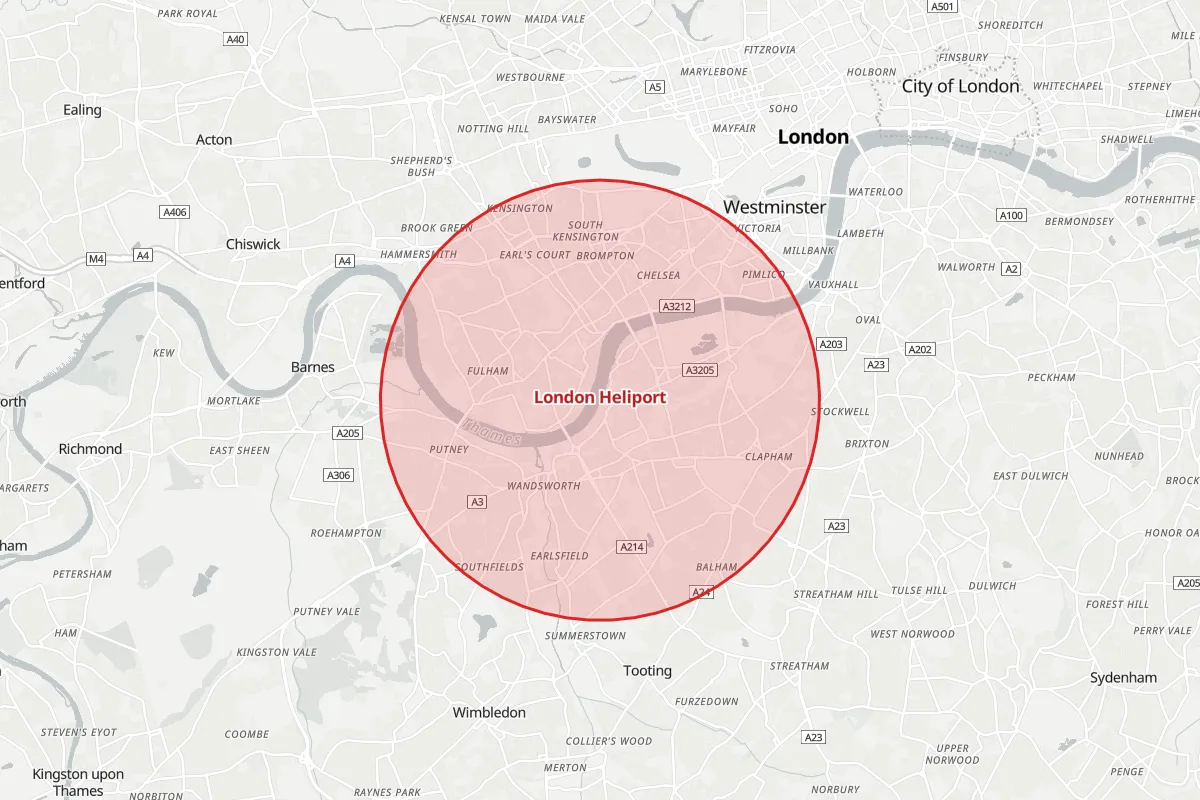 Map of the Flight Restriction Zone around London Heliport and neighbouring aerodrome zones