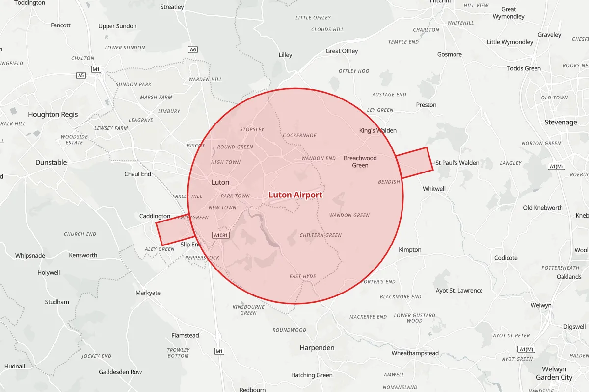 Map of the Flight Restriction Zone around Luton Airport and neighbouring aerodrome zones