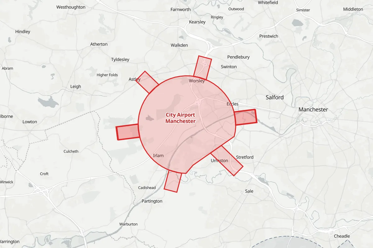 Map of the Flight Restriction Zone around City Airport Manchester and neighbouring aerodrome zones