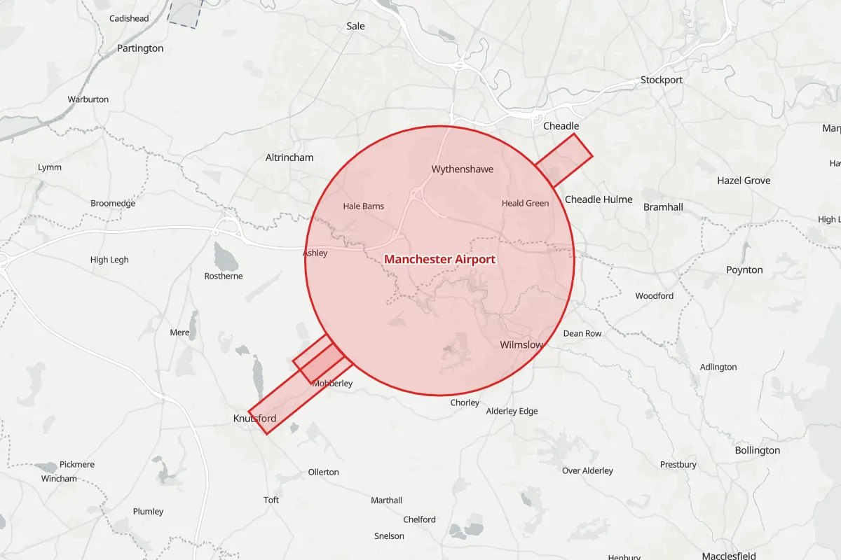 Map of the Flight Restriction Zone around Manchester Airport and neighbouring aerodrome zones