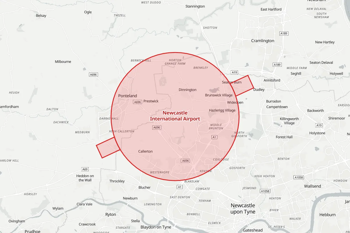 Map of the Flight Restriction Zone around Newcastle International Airport