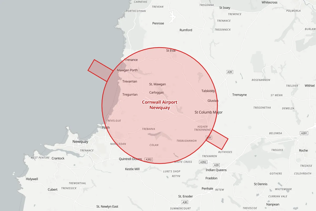 Map of the Flight Restriction Zone around Cornwall Airport Newquay