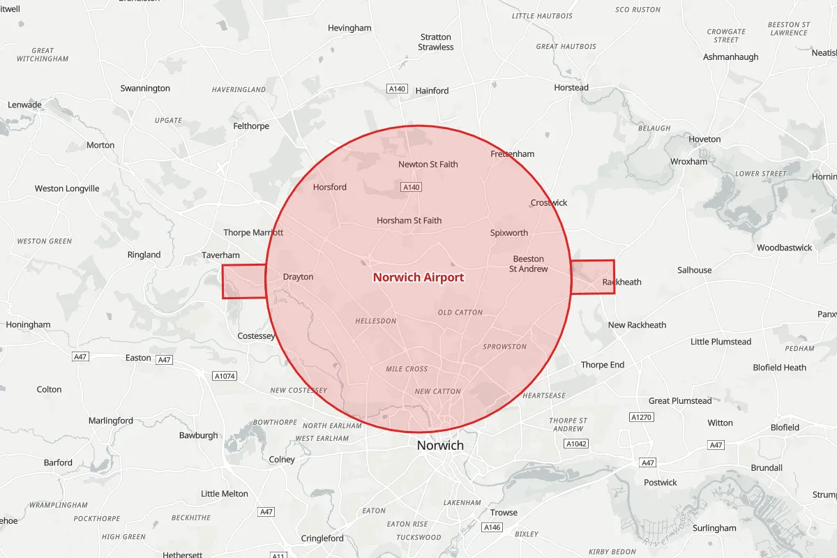 Map of the Flight Restriction Zone around Norwich Airport