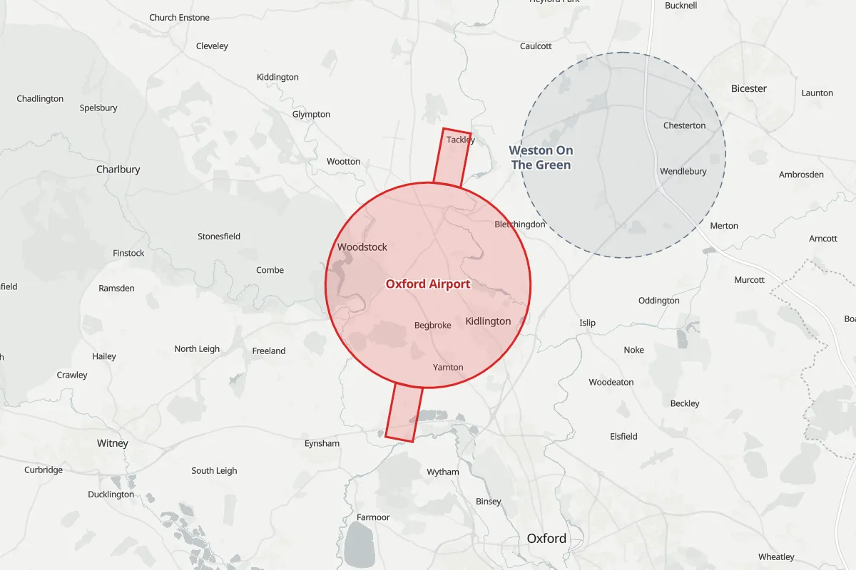 Map of the Flight Restriction Zone around Oxford Airport and neighbouring aerodrome zones