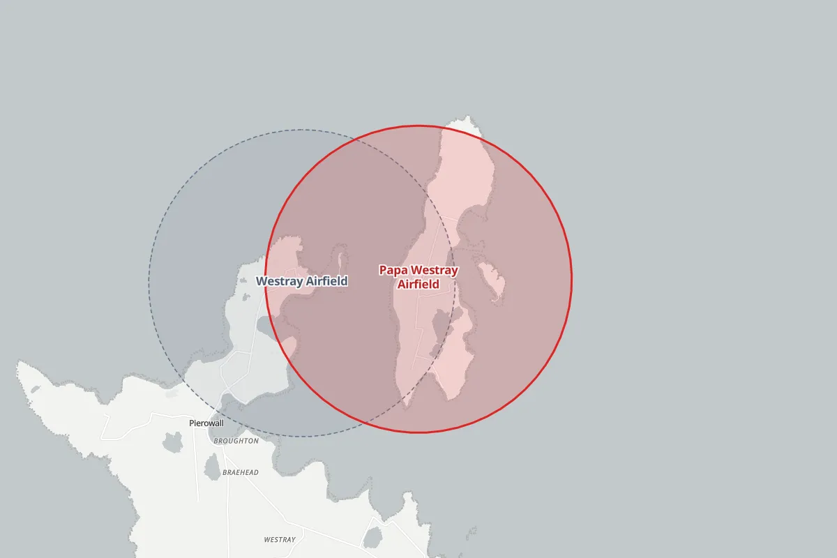 Map of the Flight Restriction Zone around Papa Westray Airfield and neighbouring aerodrome zones