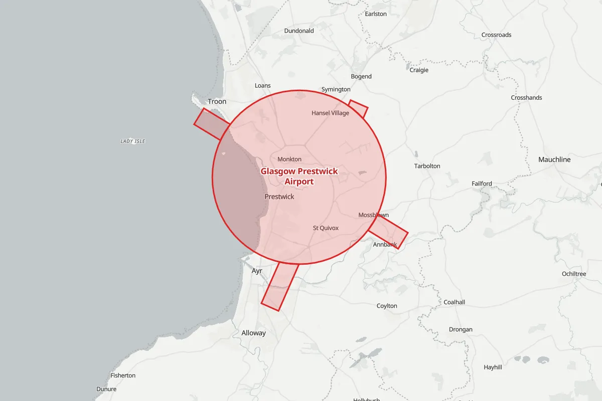 Map of the Flight Restriction Zone around Glasgow Prestwick Airport