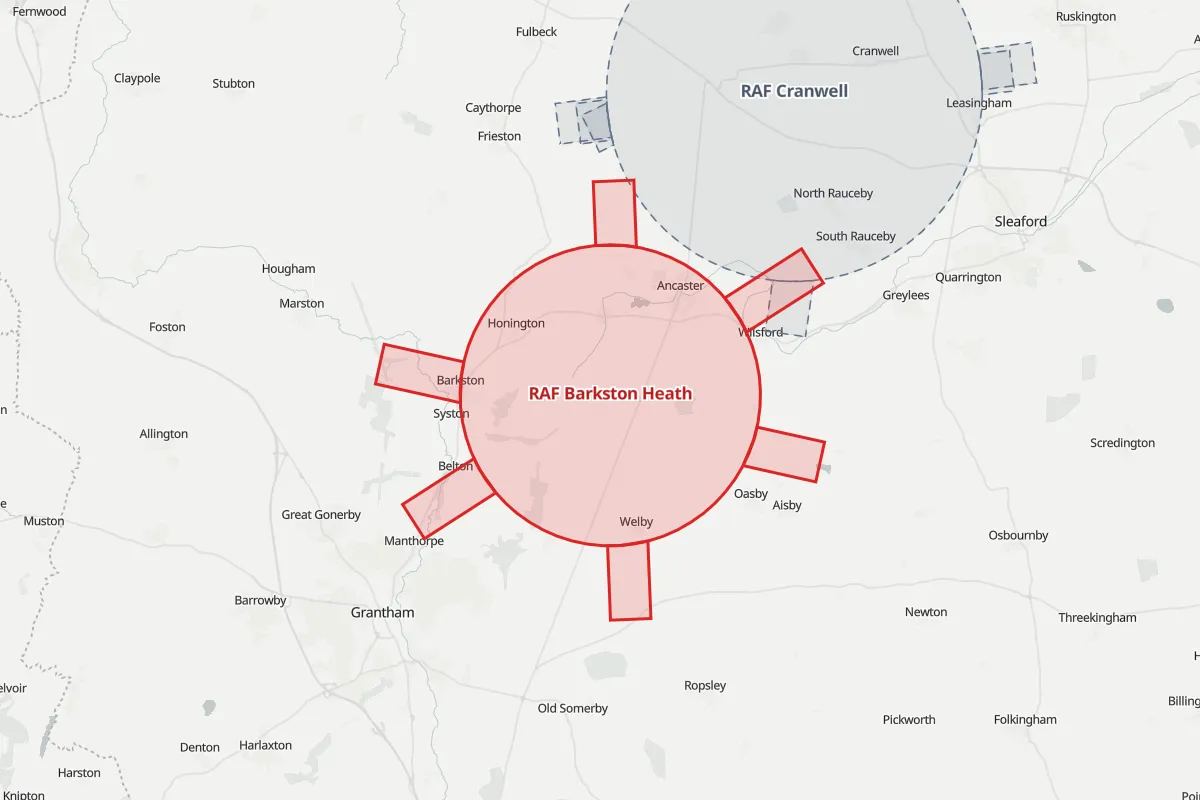 Map of the Flight Restriction Zone around RAF Barkston Heath and neighbouring aerodrome zones
