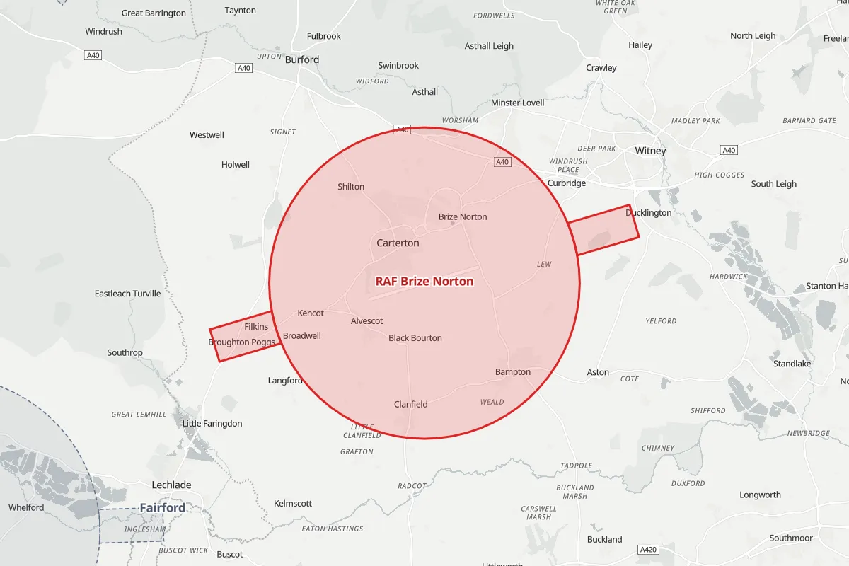 Map of the Flight Restriction Zone around RAF Brize Norton and neighbouring aerodrome zones