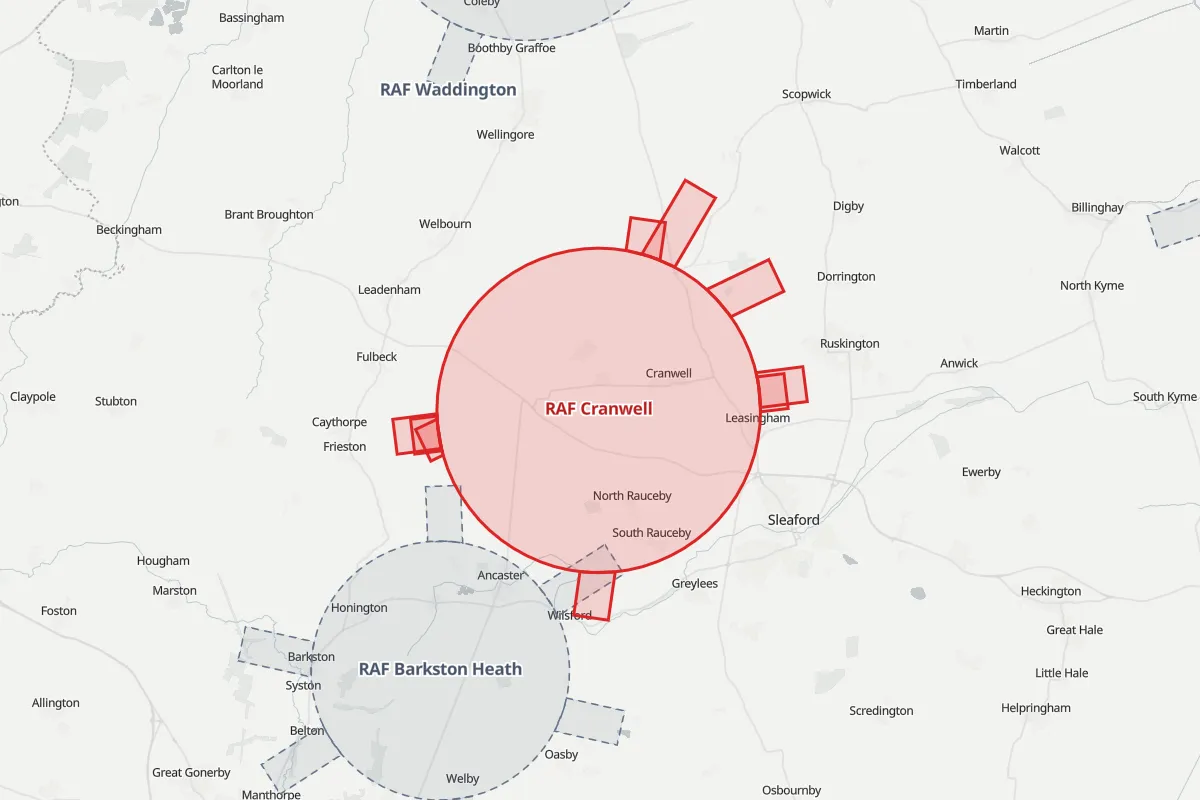 Map of the Flight Restriction Zone around RAF Cranwell and neighbouring aerodrome zones