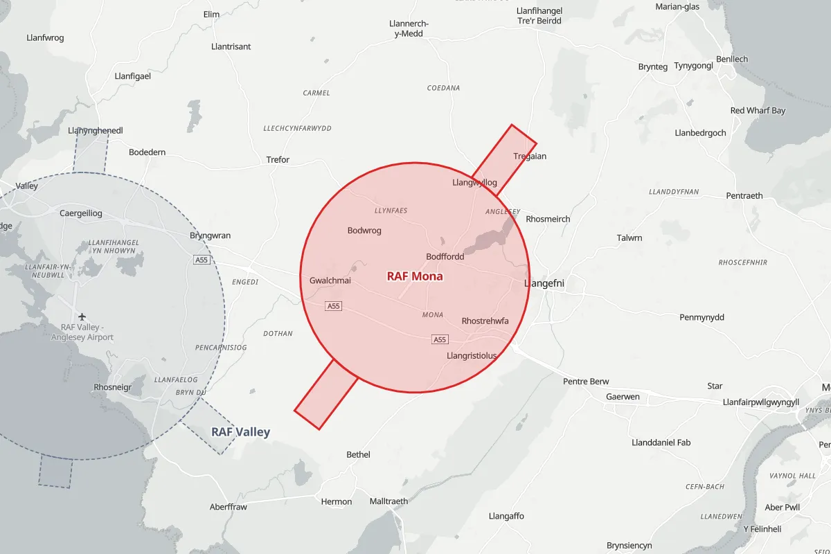 Map of the Flight Restriction Zone around RAF Mona and neighbouring aerodrome zones