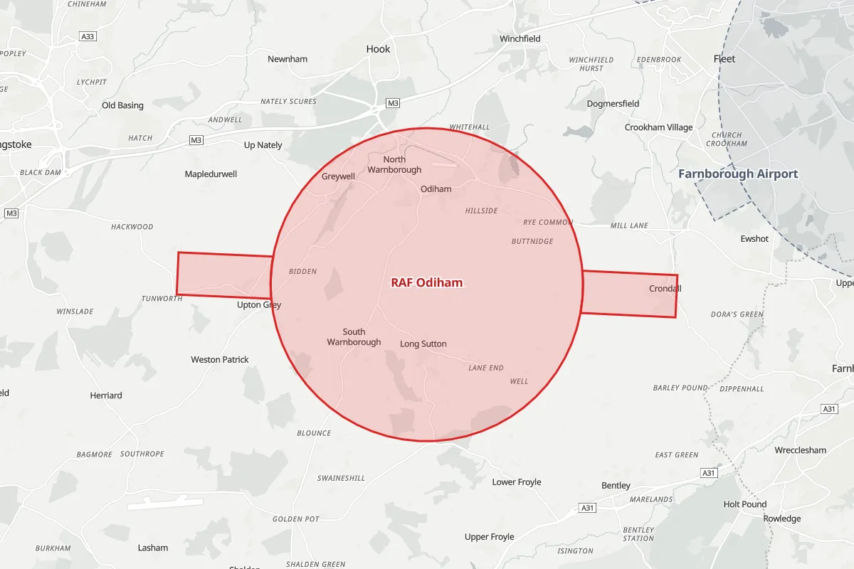 Map of the Flight Restriction Zone around RAF Odiham and neighbouring aerodrome zones