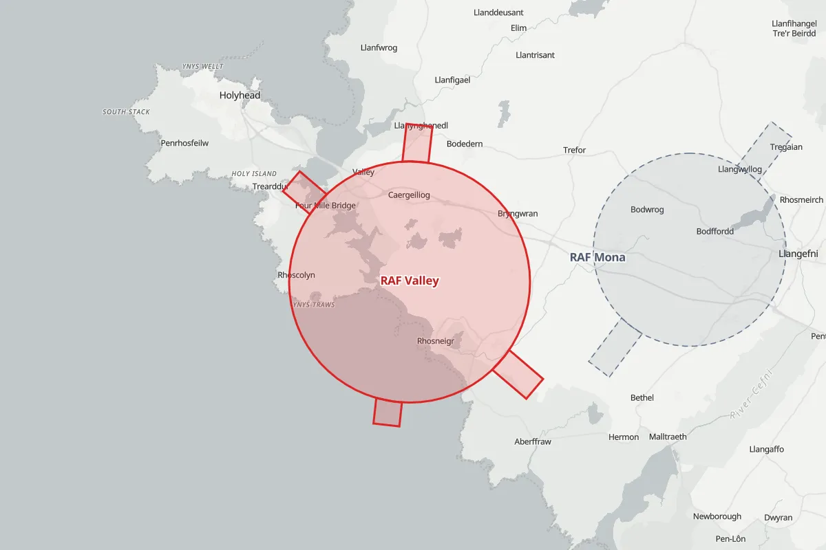 Map of the Flight Restriction Zone around RAF Valley and neighbouring aerodrome zones