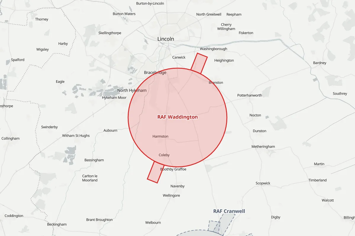 Map of the Flight Restriction Zone around RAF Waddington and neighbouring aerodrome zones