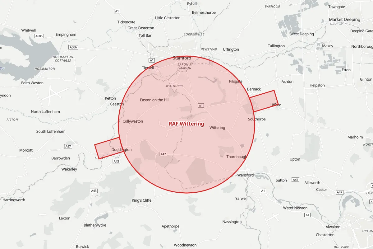 Map of the Flight Restriction Zone around RAF Wittering and neighbouring aerodrome zones