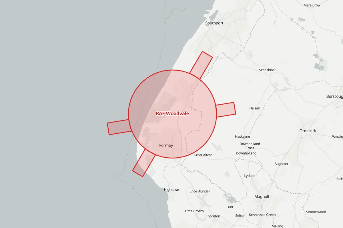 Map of the Flight Restriction Zone around RAF Woodvale and neighbouring aerodrome zones