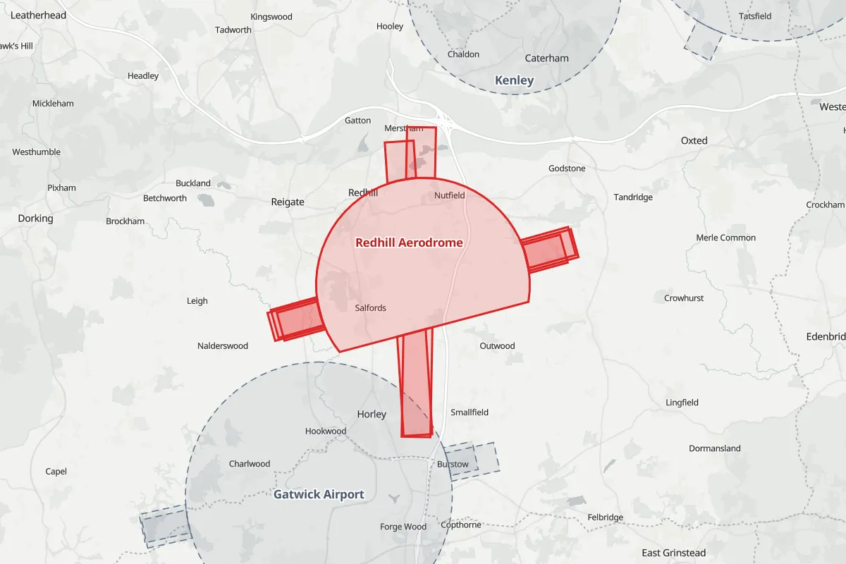 Map of the Flight Restriction Zone around Redhill Aerodrome and neighbouring aerodrome zones