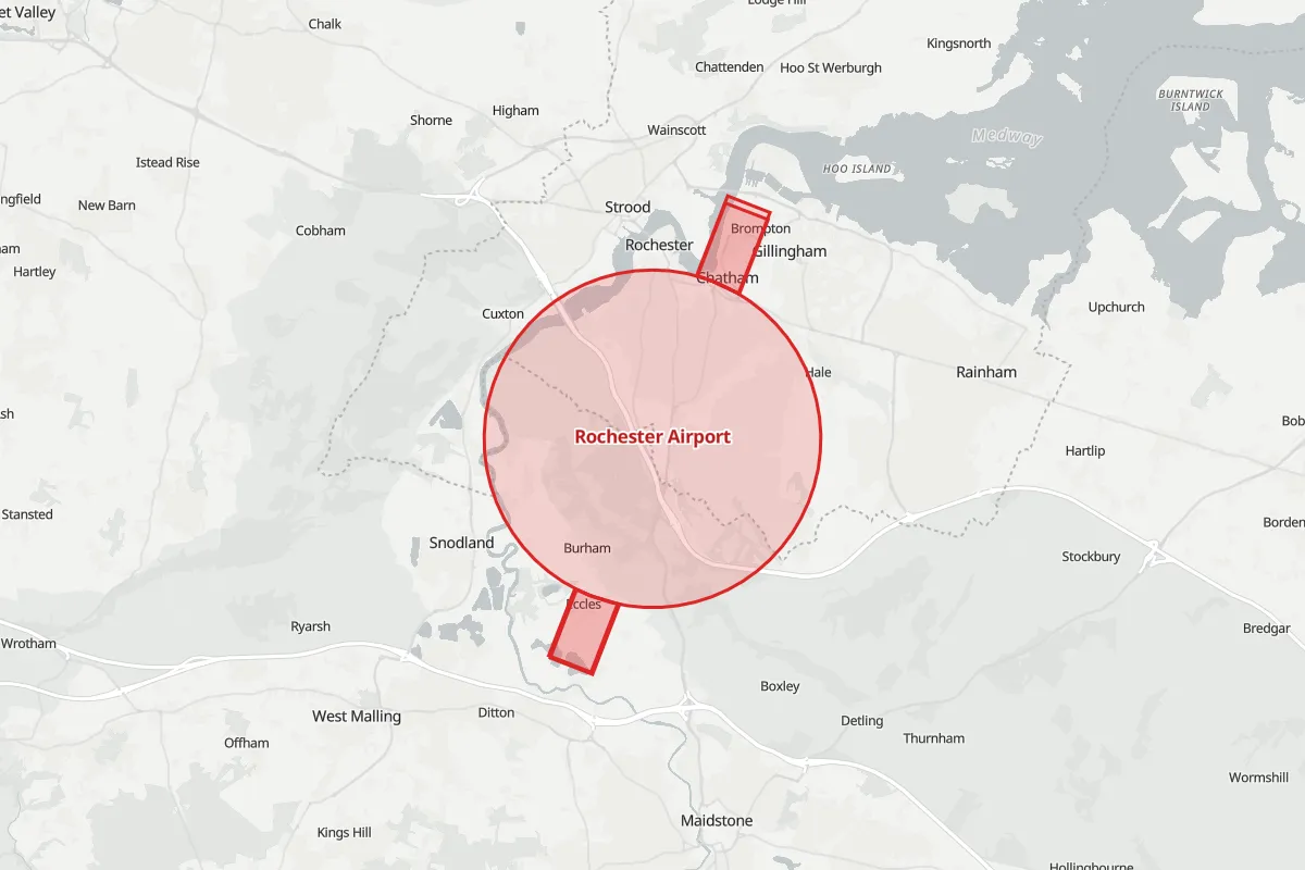 Map of the Flight Restriction Zone around Rochester Airport and neighbouring aerodrome zones